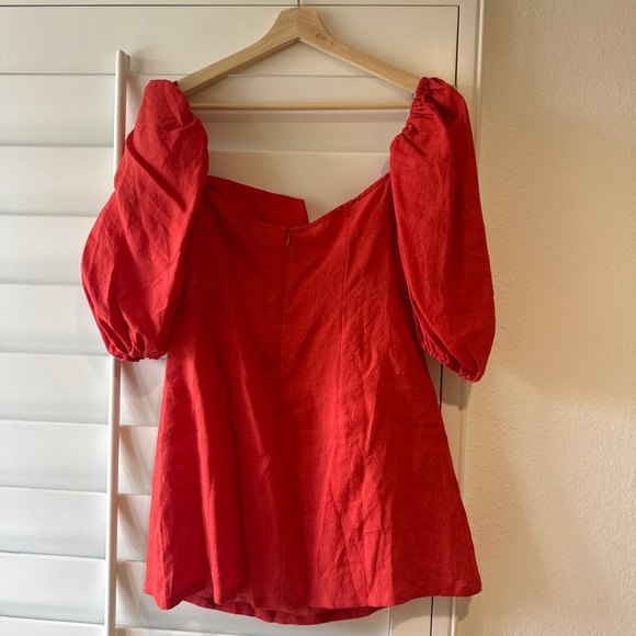 RUMER NWT Freya Cut Out Mini Dress Linen Puffed Sleeves Tuscany Red M - Picture 9 of 11